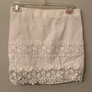 J Crew skirt, white with crocheted flowers. Size 0